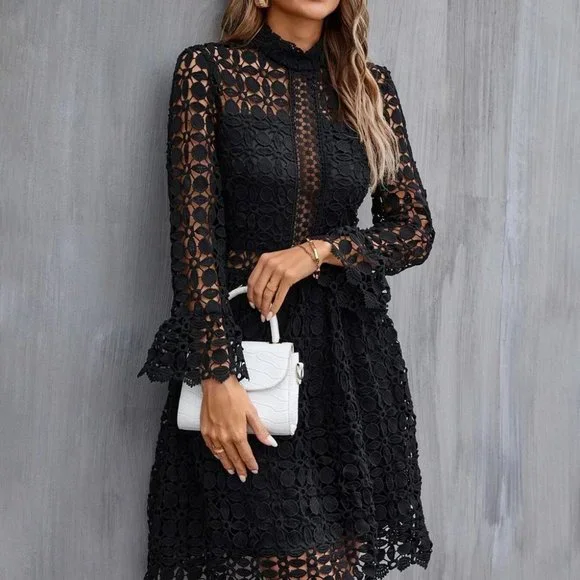 chinese dress ladies 【Final Sale】Isabel Floral Print Guipure Lace Insert Flounce Sleeve Ruffle Hem Dress, Red / L main image 1